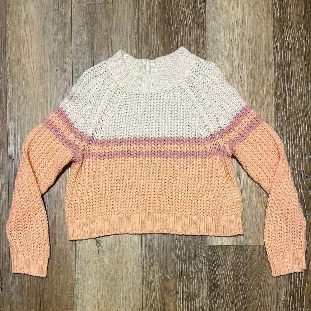 American Eagle Crochet Knit Sweater Orange  Sm Fair Isle Long Sleeve Boho Wool - Picture 3 of 7